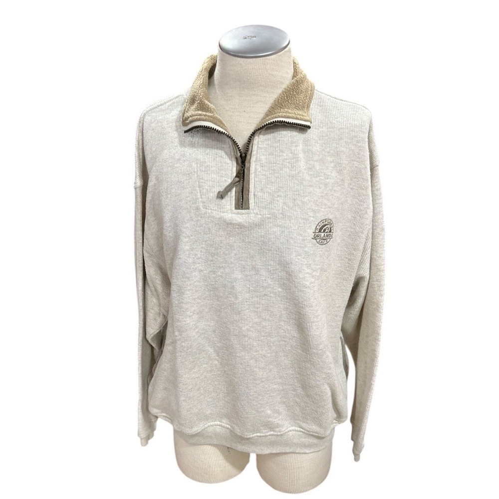Rainforest Cafe Sweater Mens Large 1/4 Zip White Brown Collered Orlando Florida